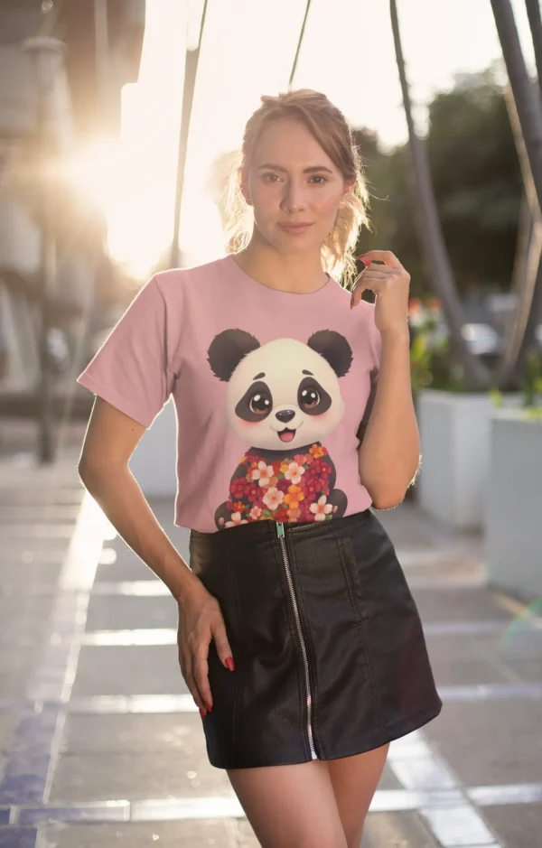 Premium T-Shirts for Women - Cute Panda Series -  Panda with Flowers | FORTEEFIED™